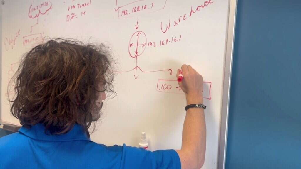 Buffalo IT Services engineer mapping a multi-site network and VPN tunnel on a whiteboard