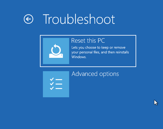 Factory reset options menu